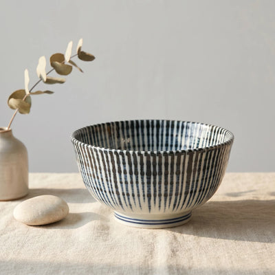 Japanese Mino Ware Porcelain Rice Bowl Blue Sendan Tokusa Pattern 13cm