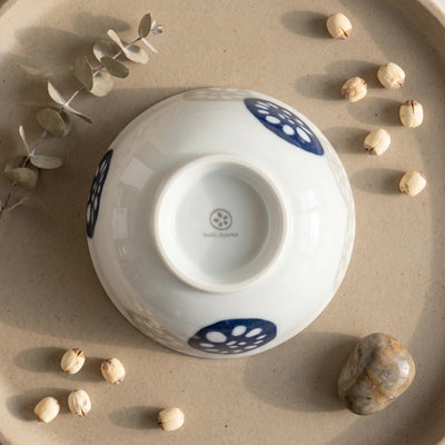 Japanese Porcelain Rice Bowl Blue & Beige Lotus Root Pattern 13cm
