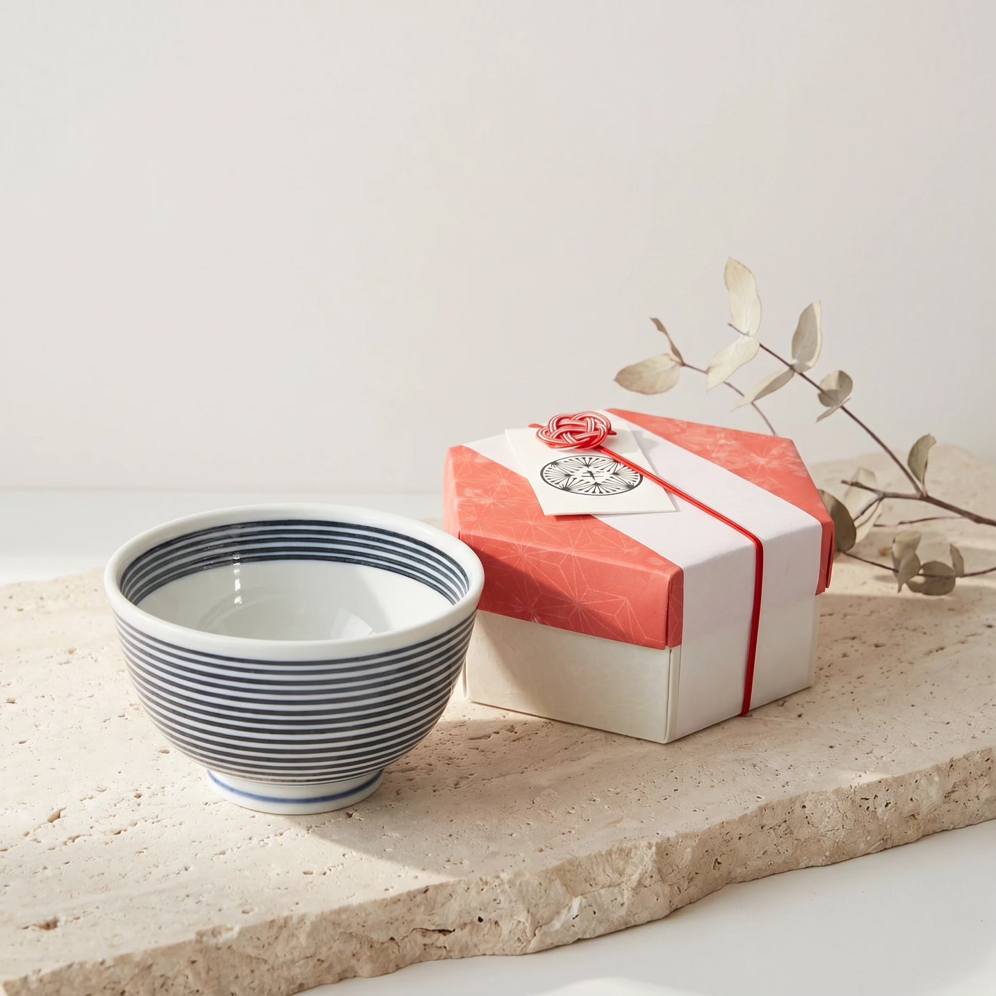 Japanese Porcelain Rice Bowl Blue & White Fine Stripe Pattern 13cm