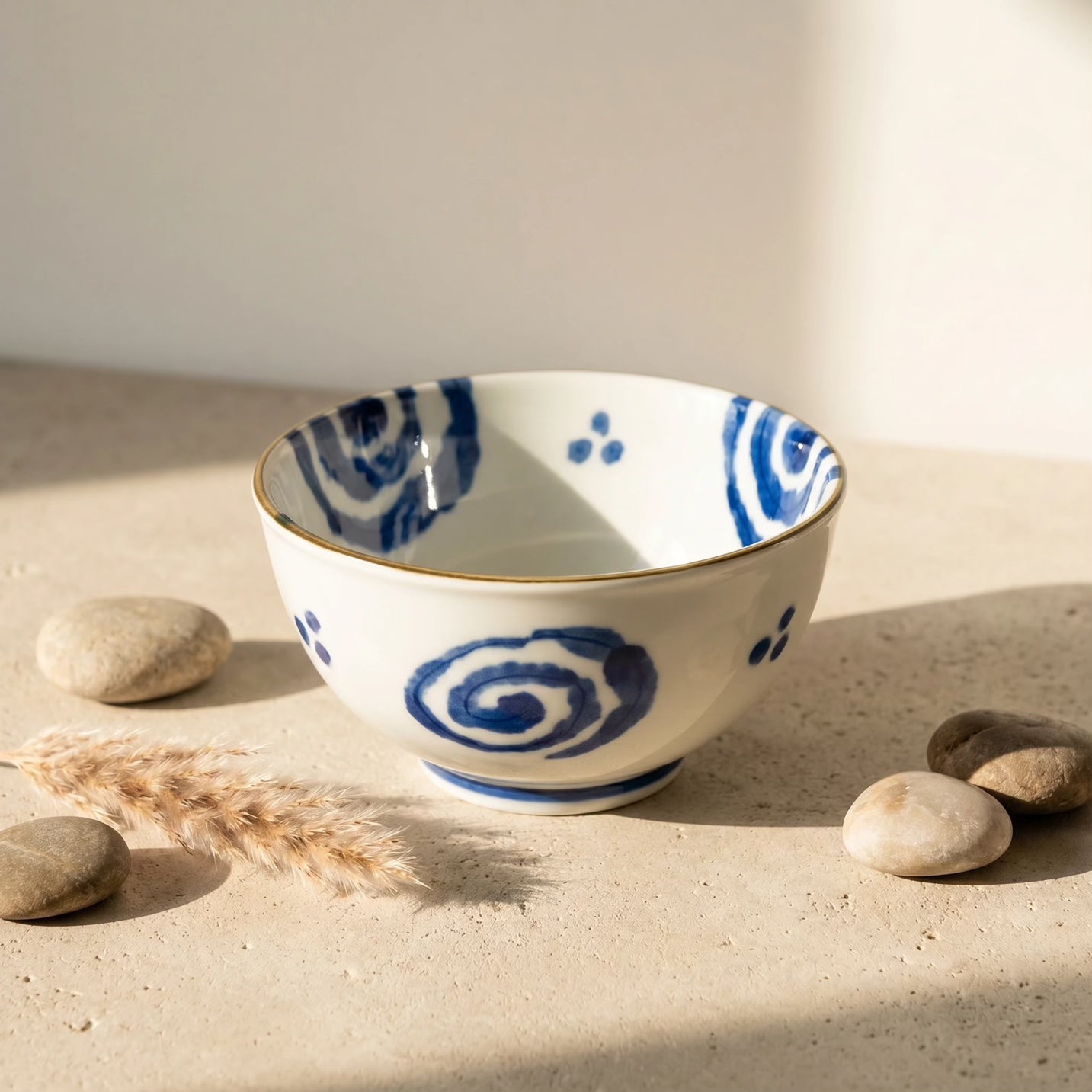Japanese Porcelain Rice Bowl Blue & White Traditional Spiral Design 13cm