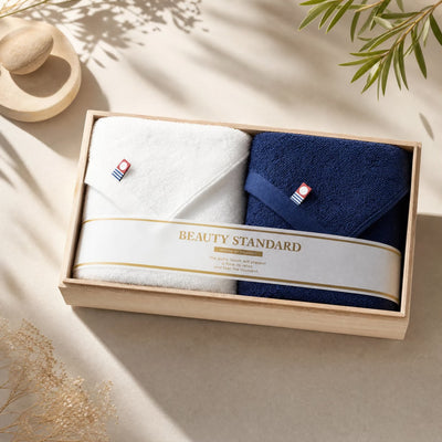 Imabari Towel Premium White & Navy Face Towels Wooden Gift Box (Set of 2)