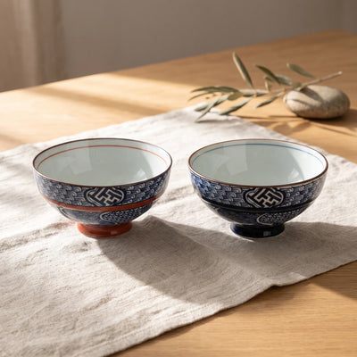 Japanese Traditional Blue & Red Rice Bowl Gift Set (Set of 2)